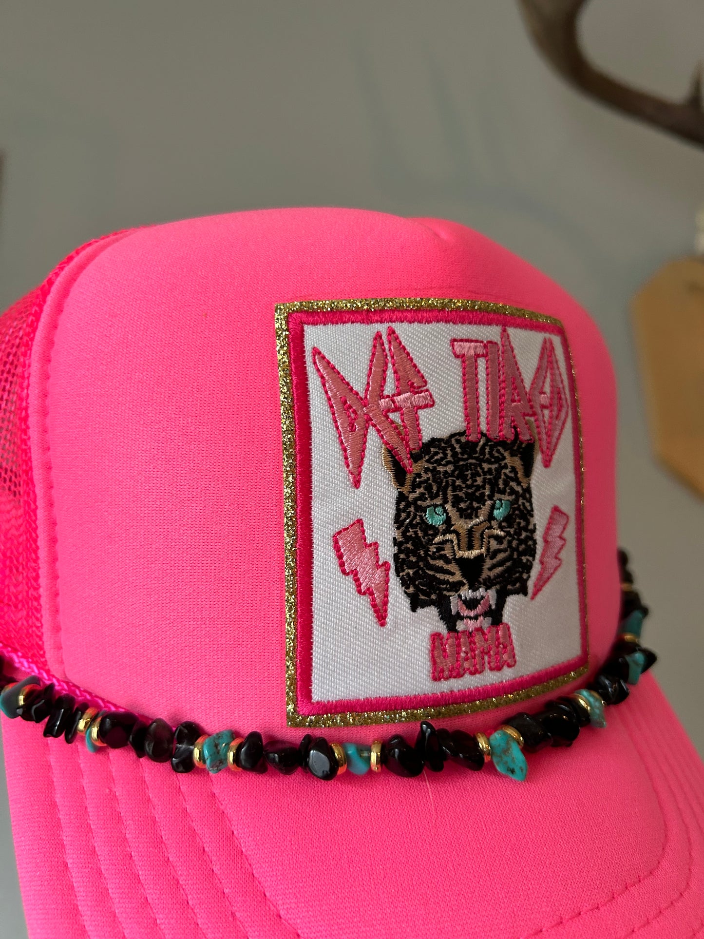 Def tired mama neon pink trucker with hat chain