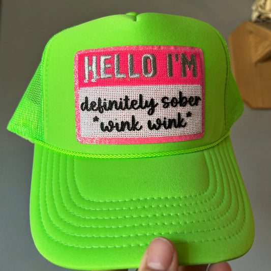 Hello I’m…. Neon green trucker plus custom hat chain