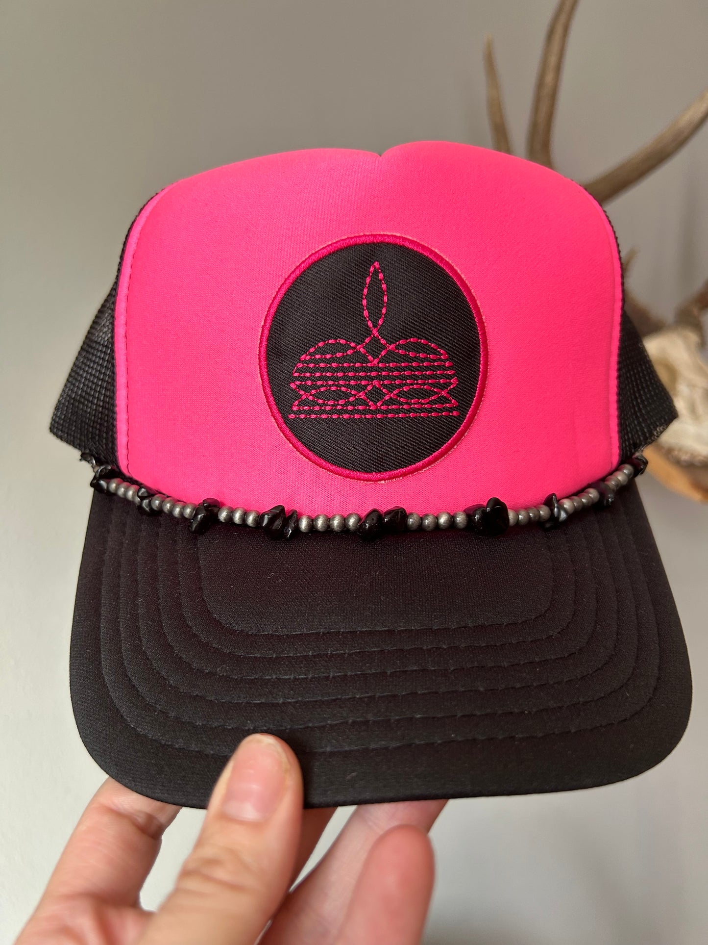 Neon pink boot stitch trucker with chain