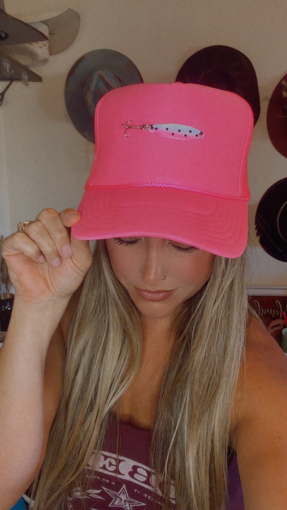 Neon pink fishing lure trucker with removeabkw hat chain