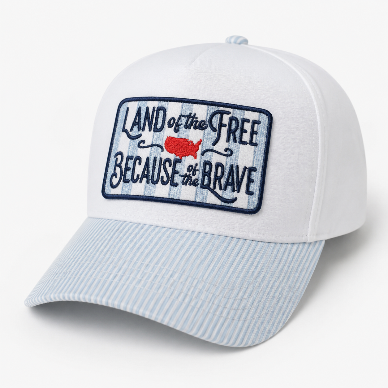 vintage blue pin striped bill trucker hat with land of the free pin striped blue patch