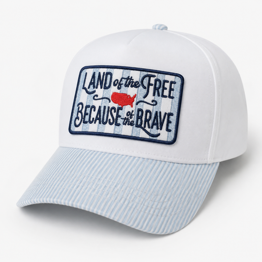 vintage blue pin striped bill trucker hat with land of the free pin striped blue patch