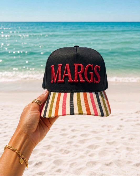 Margs black multi colored pin striped bill vintage trucker