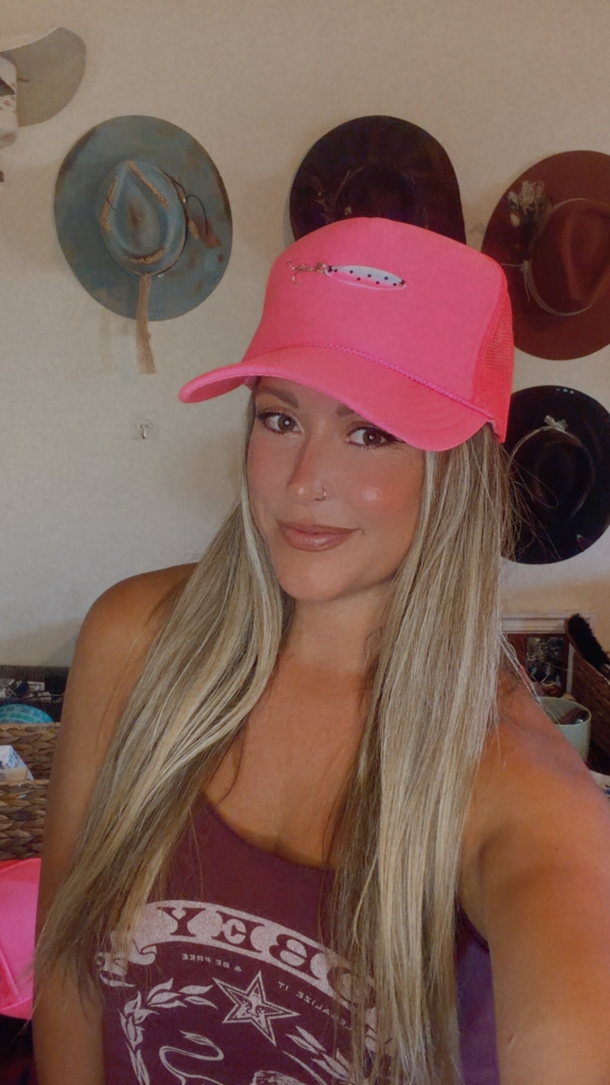 Neon pink fishing lure trucker with removeabkw hat chain