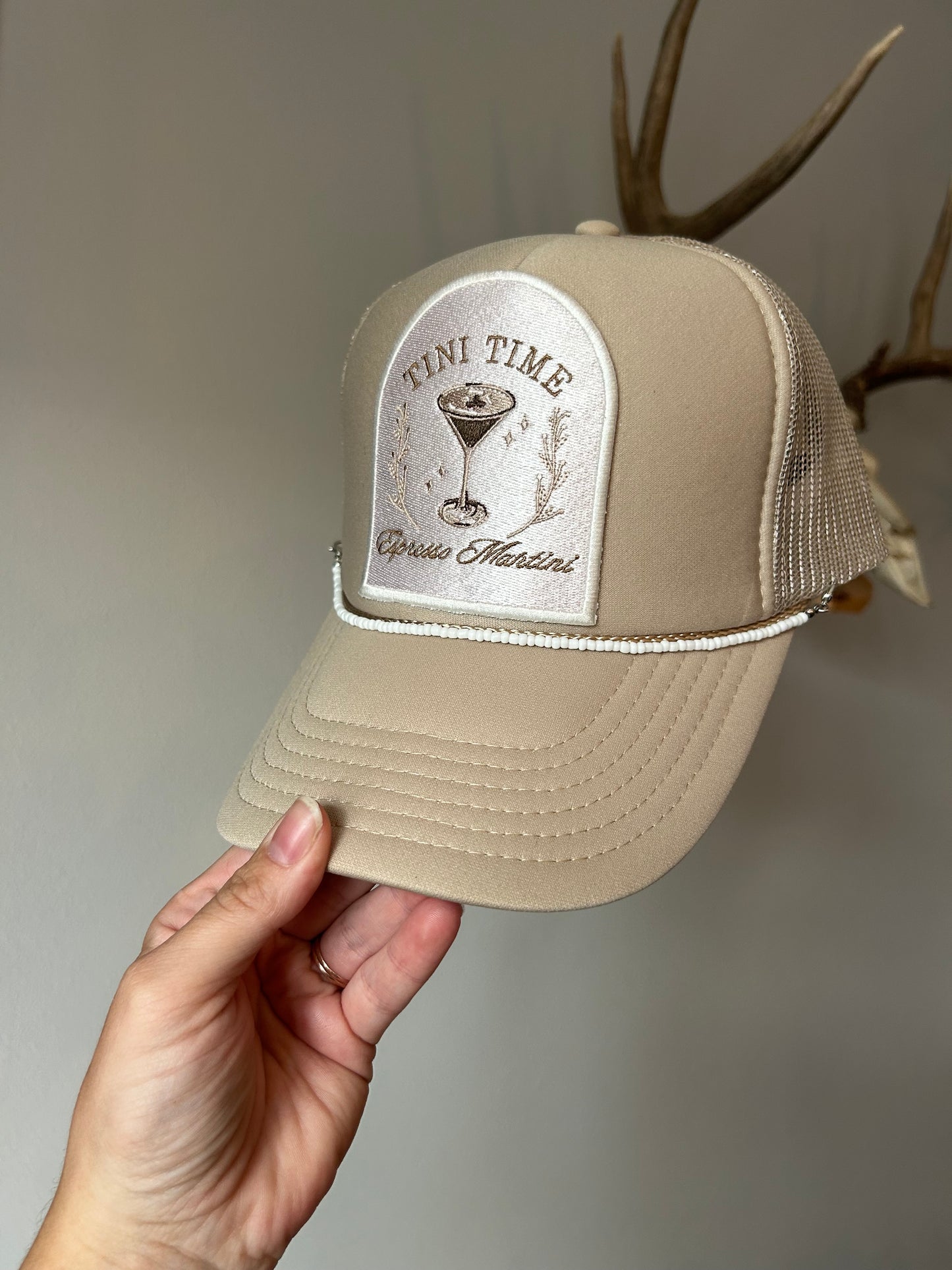 Espresso martini trucker with removable white beaded trucker hat chain