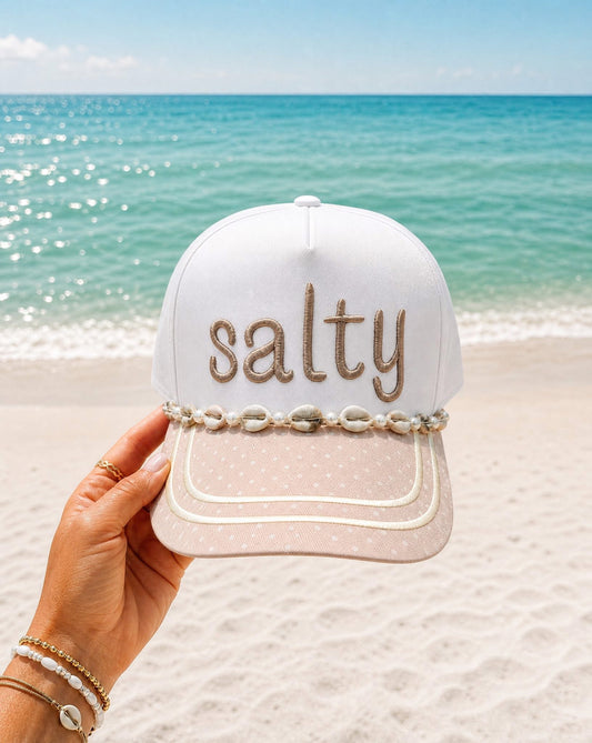 white and beige polka dot vintage trucker