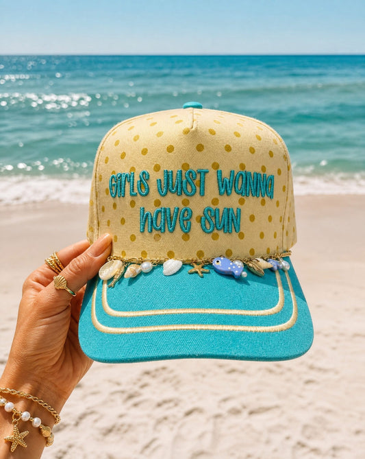 Yellow polka dot with teal and yellow lined teal bill vintage trucker CHAIN INCLUDED.