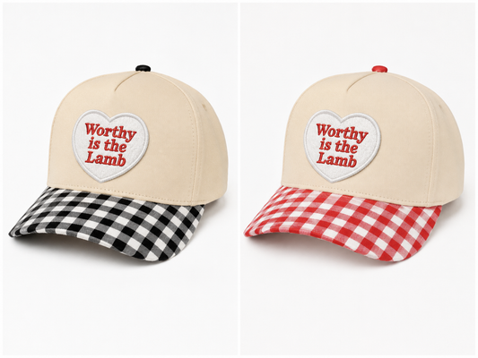 Red or Black Gingham printed bill with worthy in the lamb patch