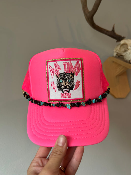 Def tired mama neon pink trucker with hat chain