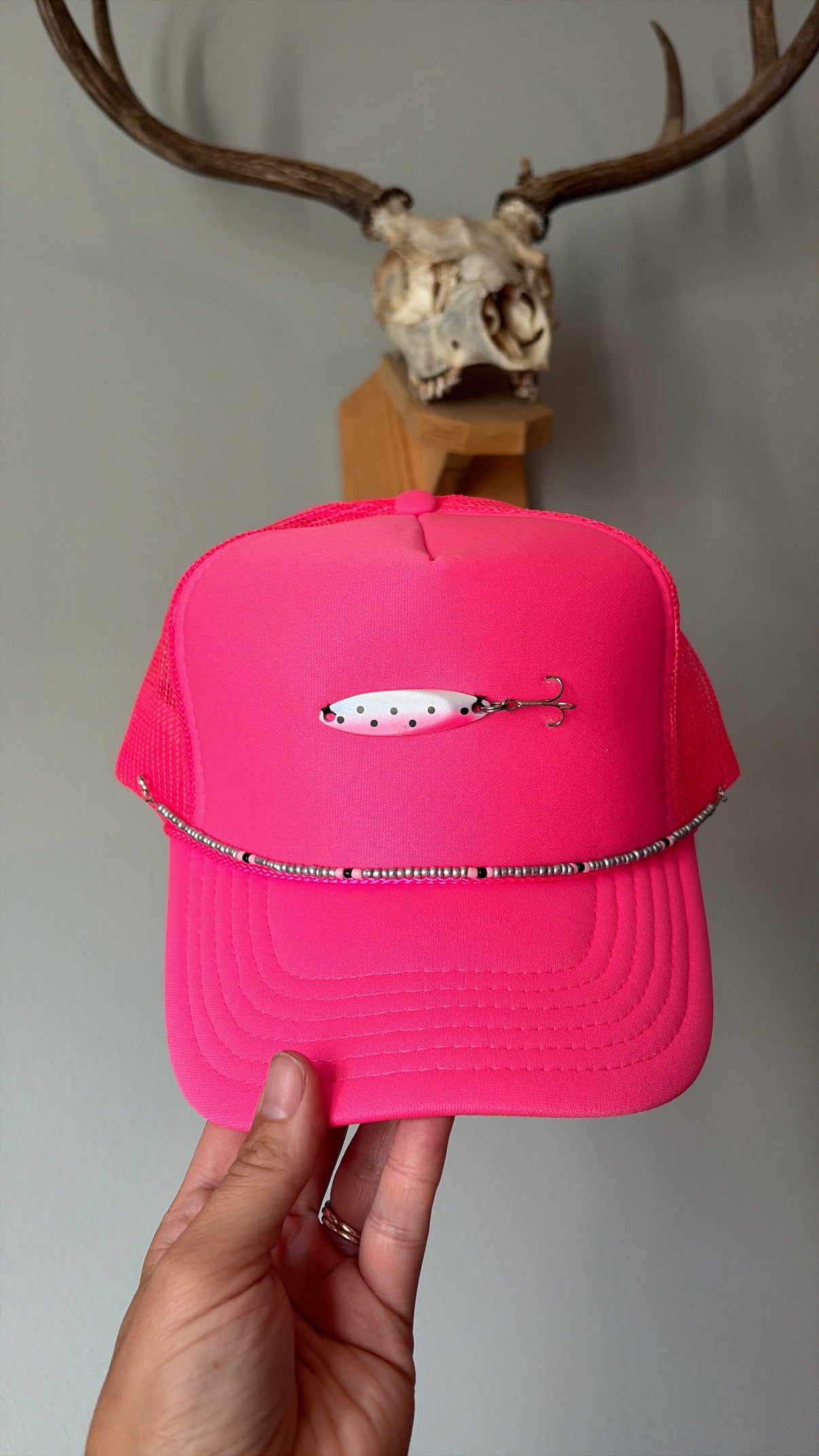 Neon pink fishing lure trucker with removeabkw hat chain