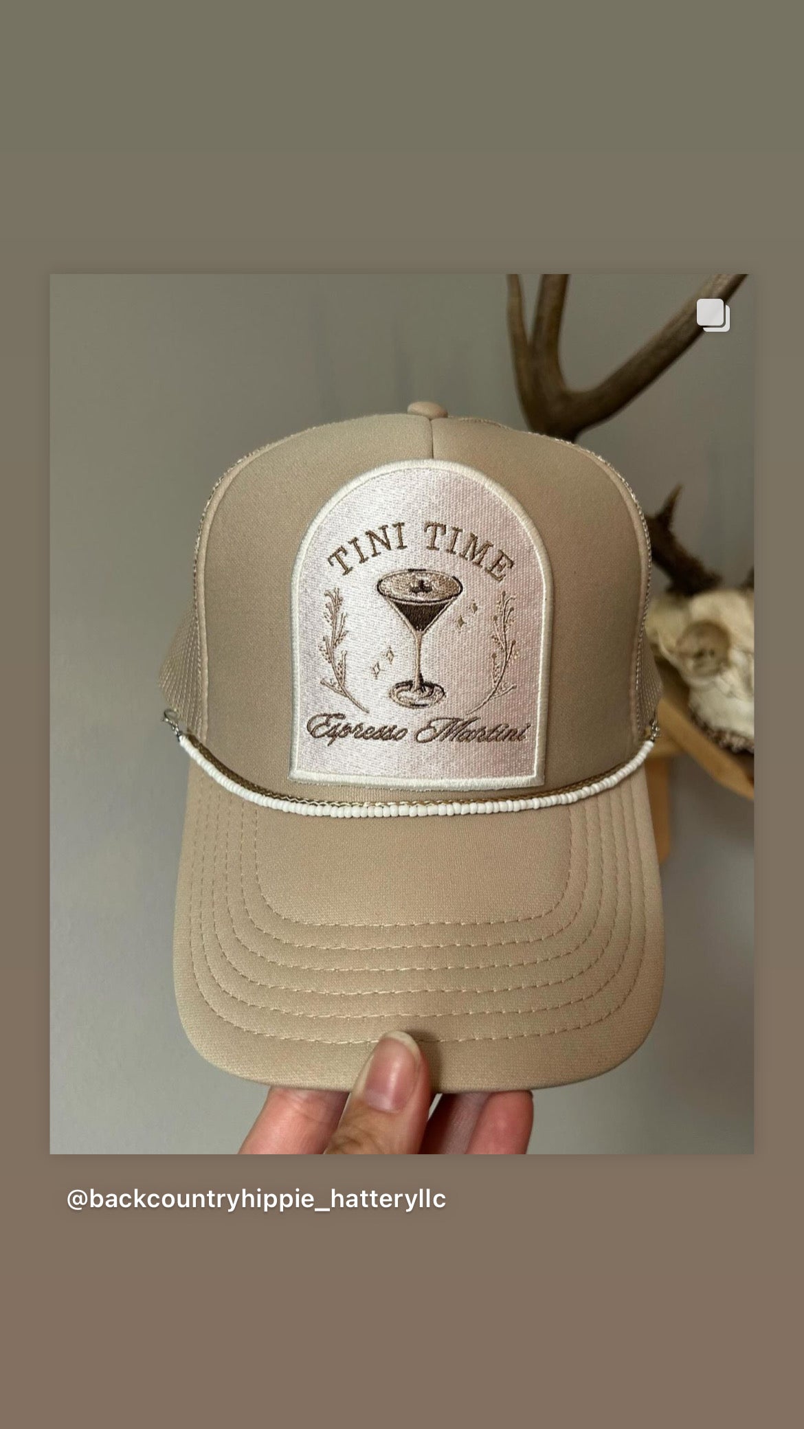 Espresso martini trucker with removable white beaded trucker hat chain