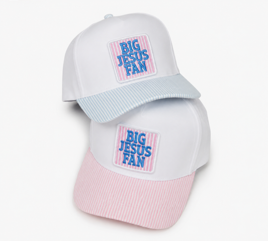 Blue or pink pin striped trucker hat with pink pin striped patch