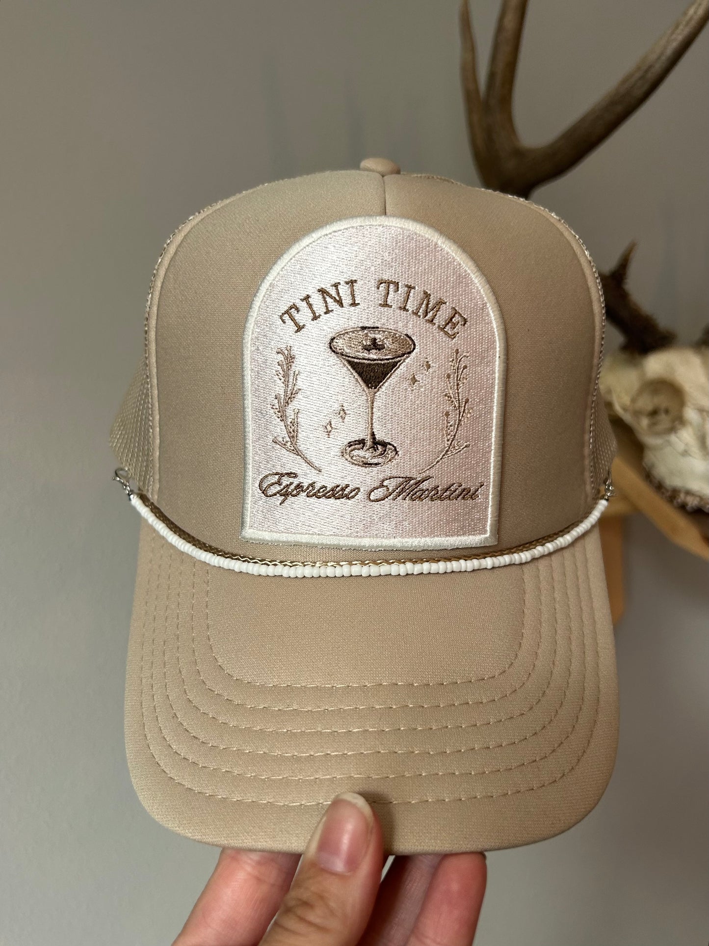 Espresso martini trucker with removable white beaded trucker hat chain